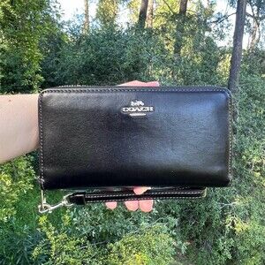 COACH Black Long Zip-Around Wallet Smooth Leather with Silver Hardware AUTHENTIC